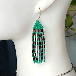 Artisan Green and Black Beaded Earrings, 3"